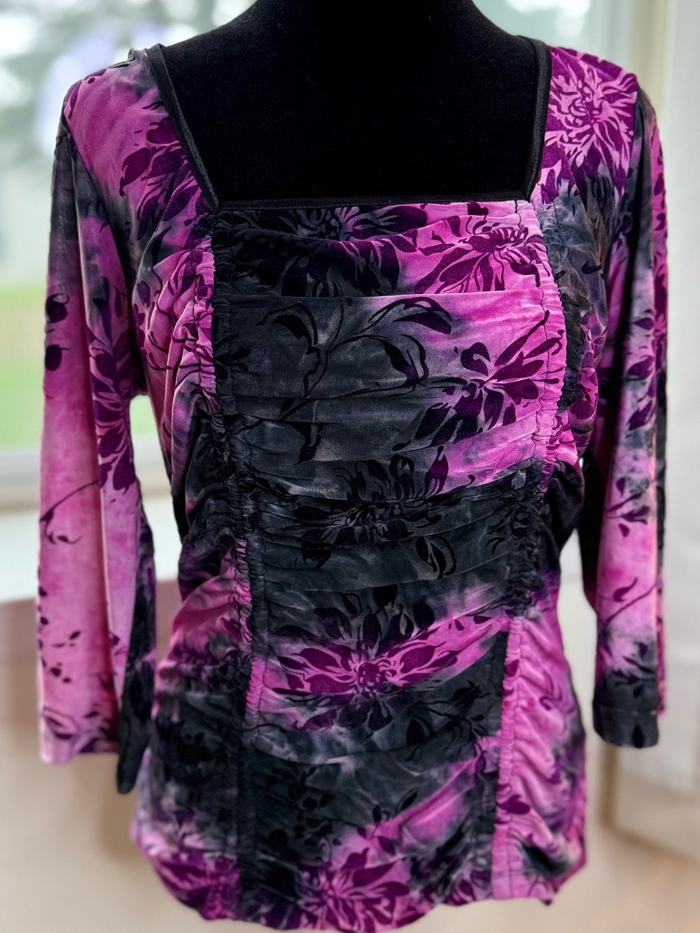Y2K vintage Dress Barn Black Pink sexy floral ruched blouse top square neckline